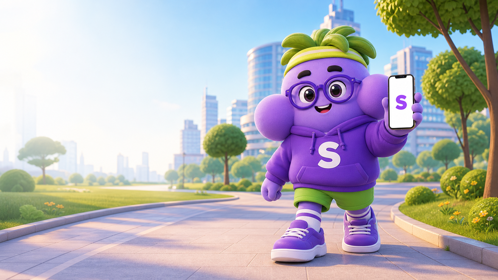 La mascotte Stepio marche sur une route dans une ville verte