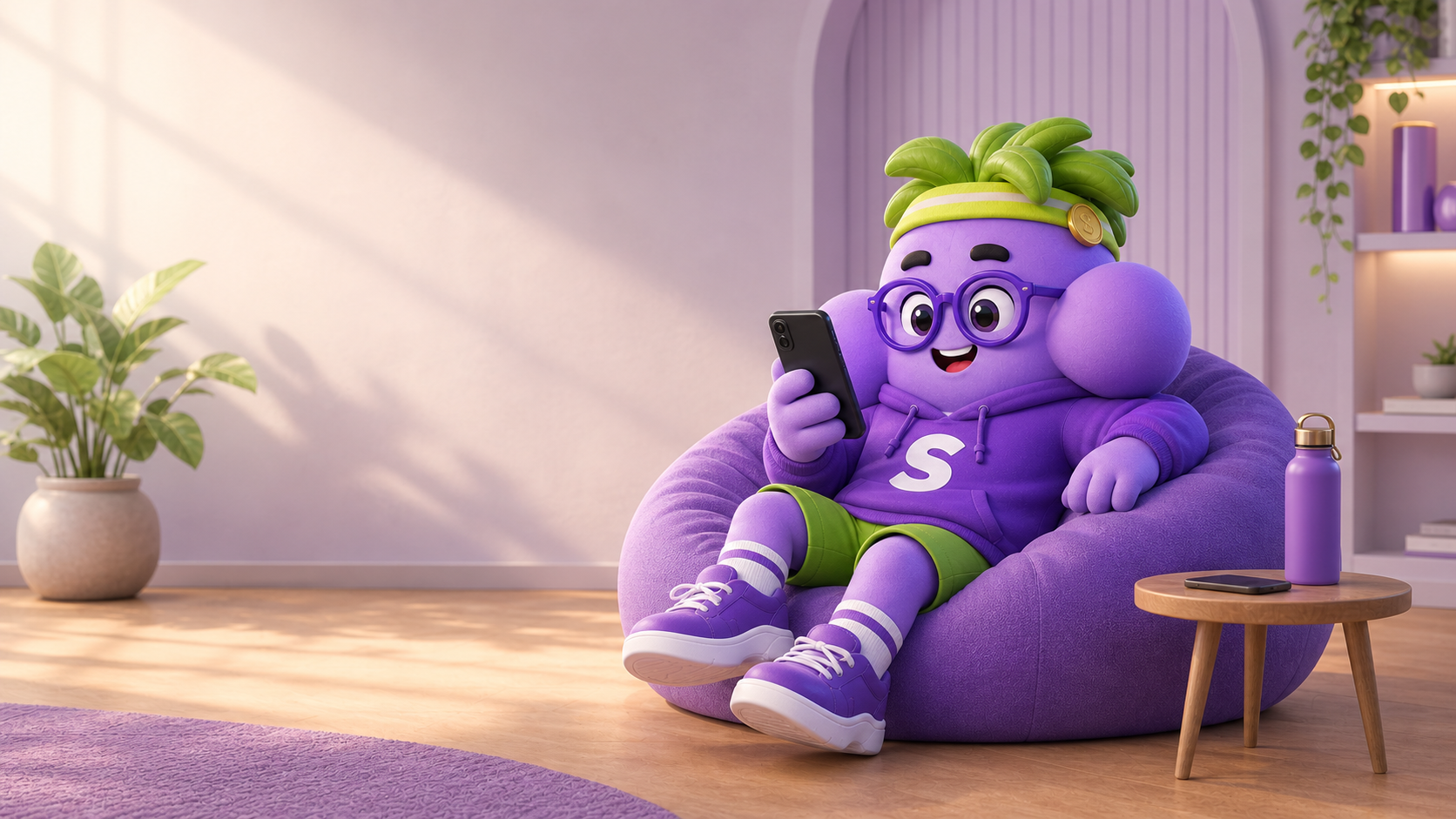 La mascotte Stepio se détend dans un pouf avec son téléphone